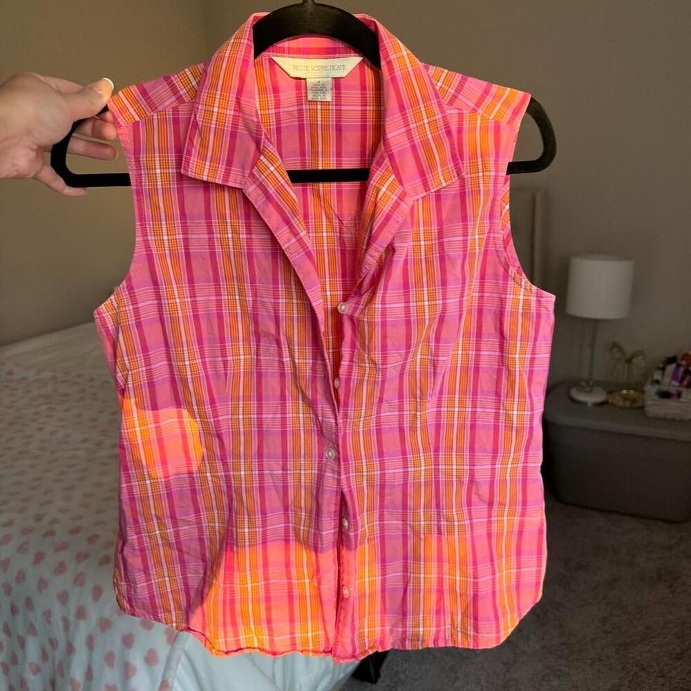 Petite sophisticate Pink & Orange Plaid Button-Up Vest